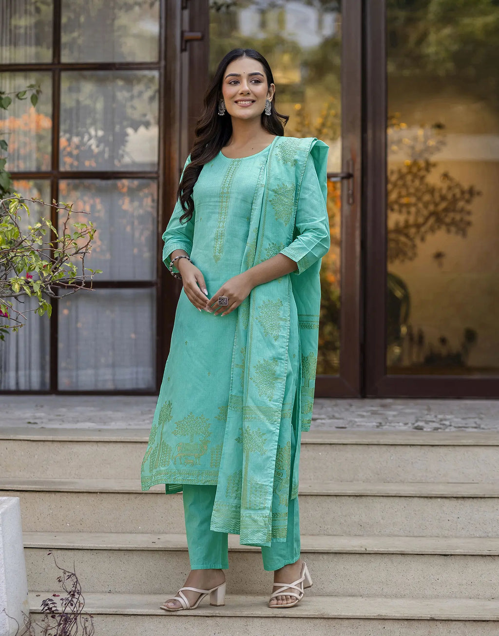 Glacier Blue Round Neck Weaving Straight 3 Piece Kurta Set with Dupatta