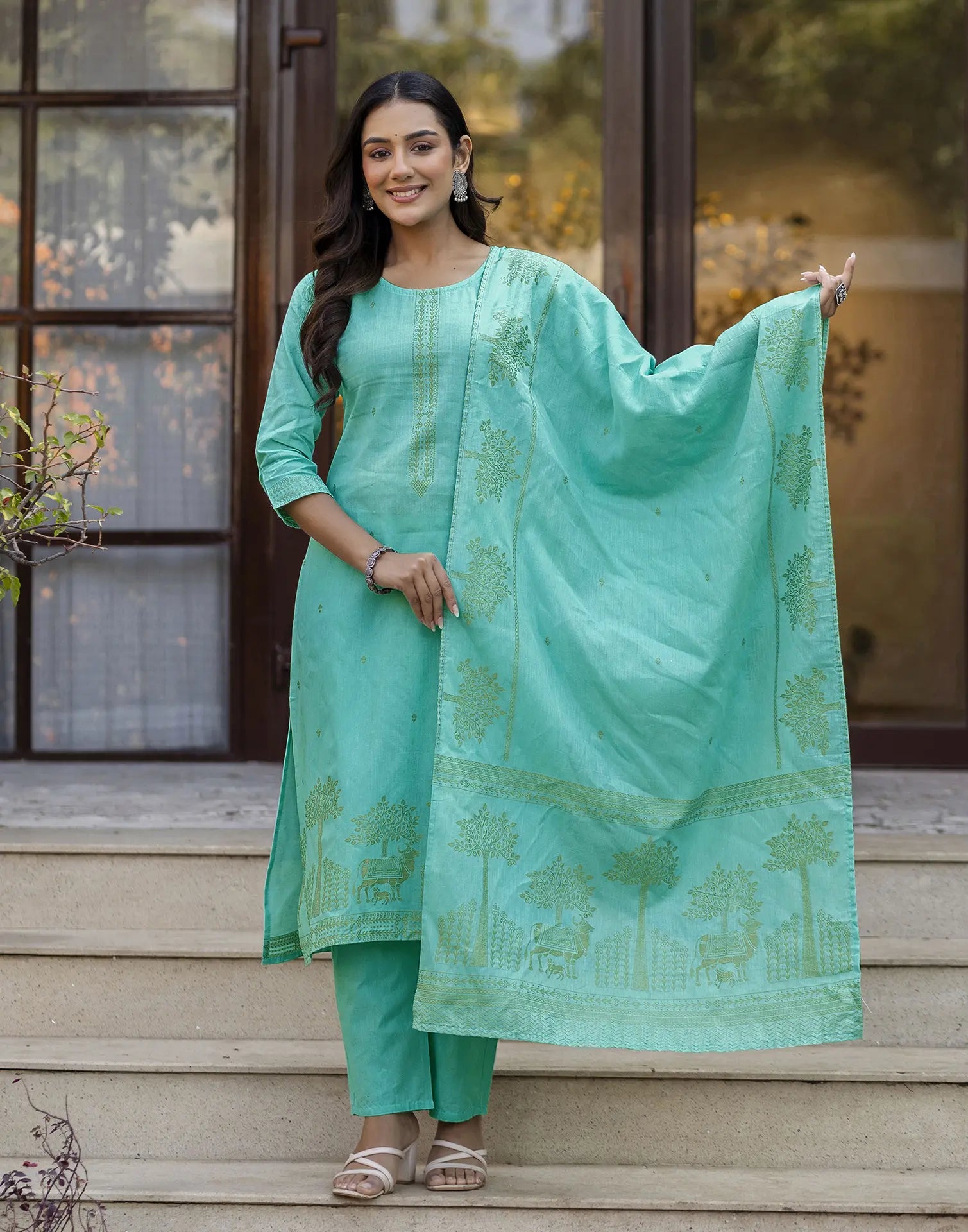 Glacier Blue Round Neck Weaving Straight 3 Piece Kurta Set with Dupatta