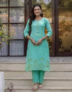Glacier Blue Round Neck Weaving Straight 3 Piece Kurta Set with Dupatta