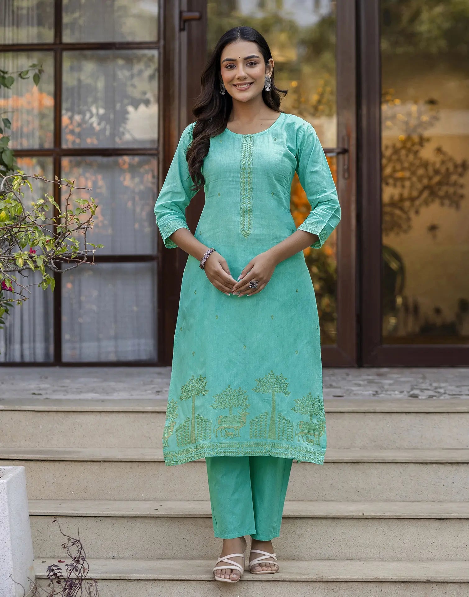 Glacier Blue Round Neck Weaving Straight 3 Piece Kurta Set with Dupatta