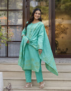 Glacier Blue Round Neck Weaving Straight 3 Piece Kurta Set with Dupatta