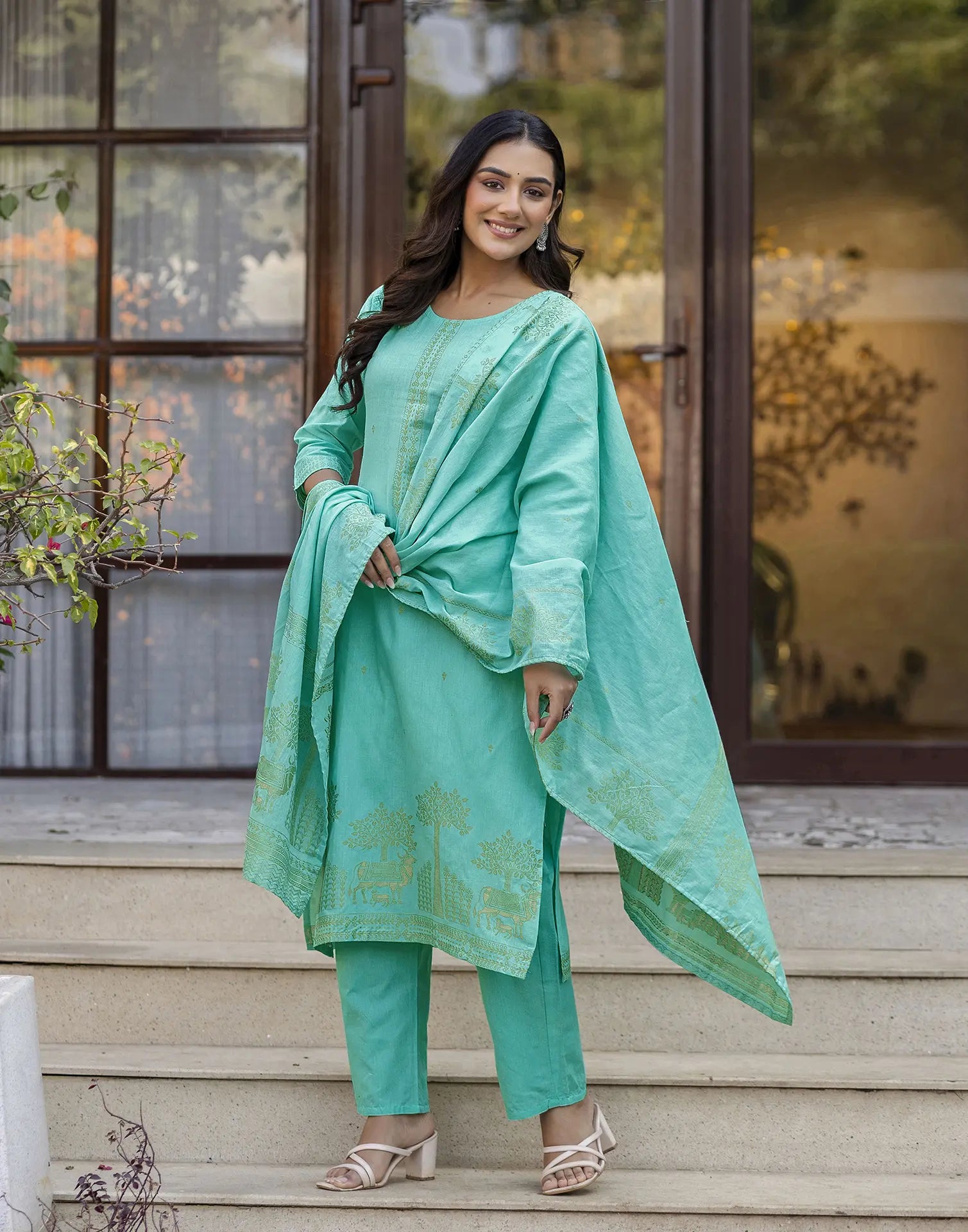 Glacier Blue Round Neck Weaving Straight 3 Piece Kurta Set with Dupatta