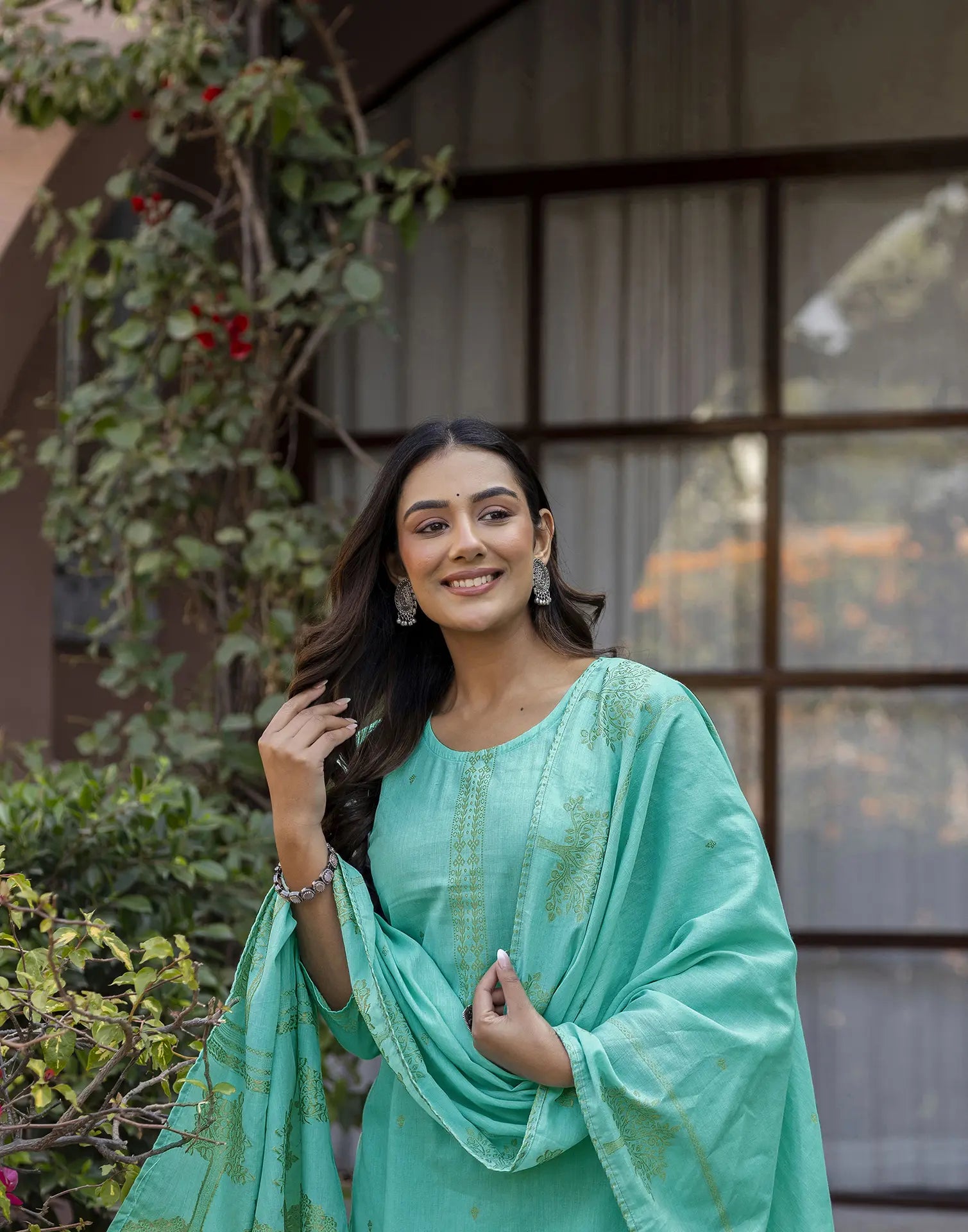 Glacier Blue Round Neck Weaving Straight 3 Piece Kurta Set with Dupatta