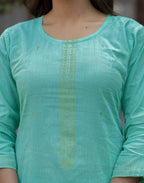 Glacier Blue Round Neck Weaving Straight 3 Piece Kurta Set with Dupatta