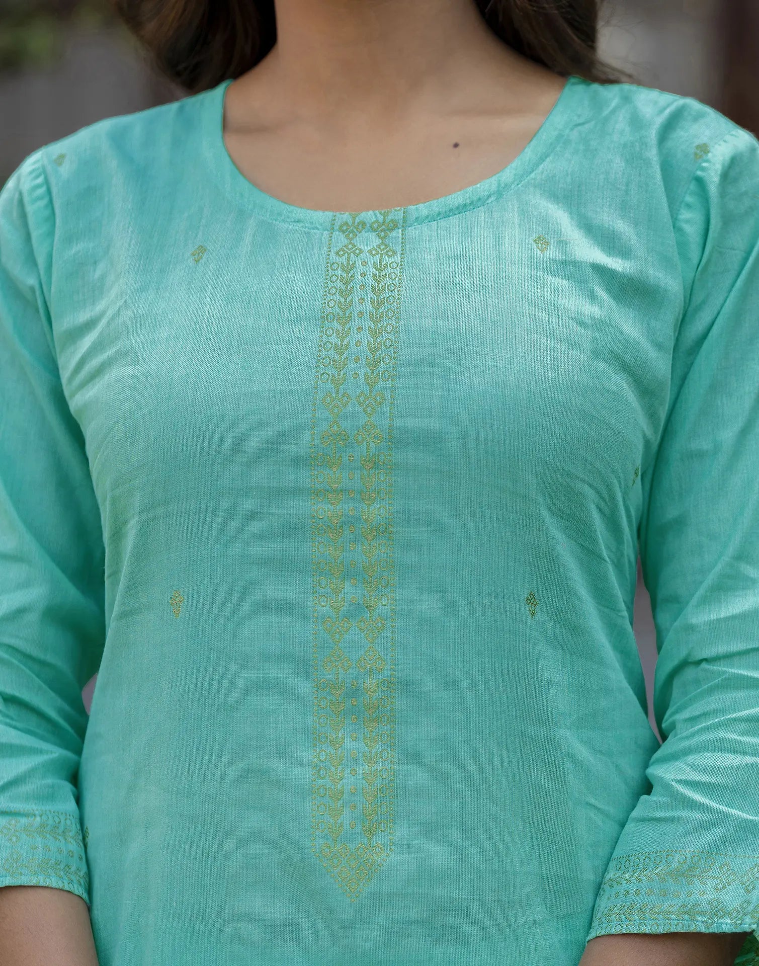 Glacier Blue Round Neck Weaving Straight 3 Piece Kurta Set with Dupatta