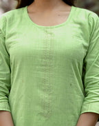 Lime Green Round Neck Weaving Straight 3 Piece Kurta Set with Dupatta - Cotton Woven