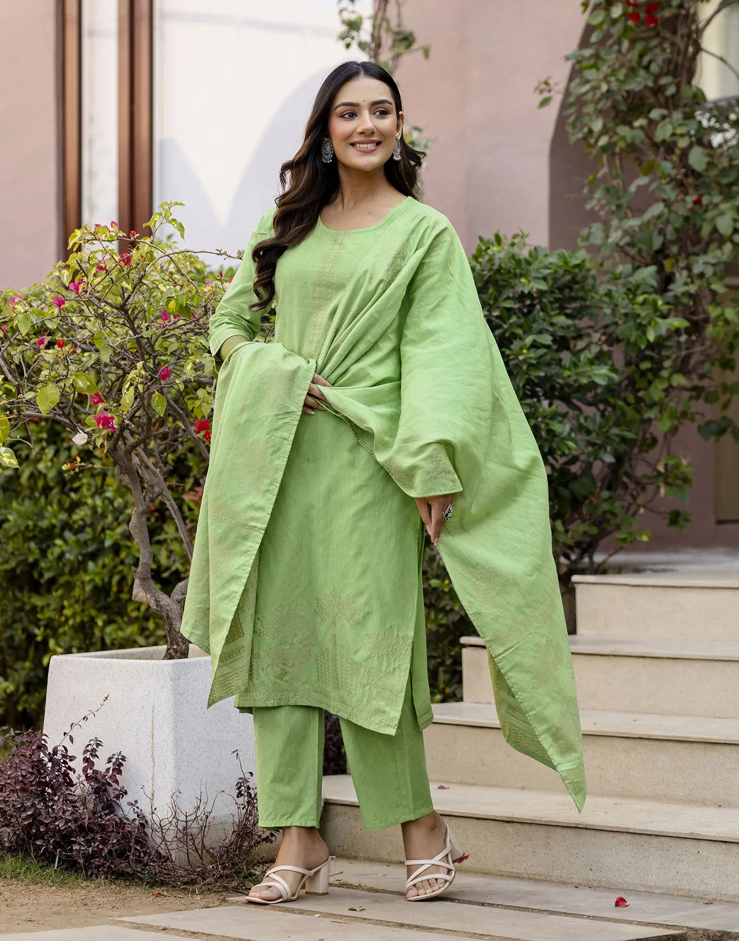 Lime Green Round Neck Weaving Straight 3 Piece Kurta Set with Dupatta - Cotton Woven