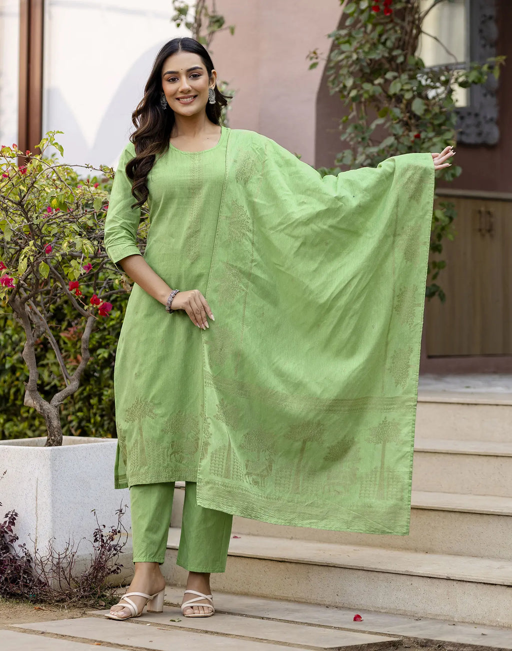 Lime Green Round Neck Weaving Straight 3 Piece Kurta Set with Dupatta - Cotton Woven