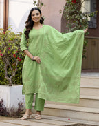 Lime Green Round Neck Weaving Straight 3 Piece Kurta Set with Dupatta - Cotton Woven