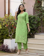 Lime Green Round Neck Weaving Straight 3 Piece Kurta Set with Dupatta - Cotton Woven