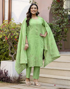 Lime Green Round Neck Weaving Straight 3 Piece Kurta Set with Dupatta - Cotton Woven
