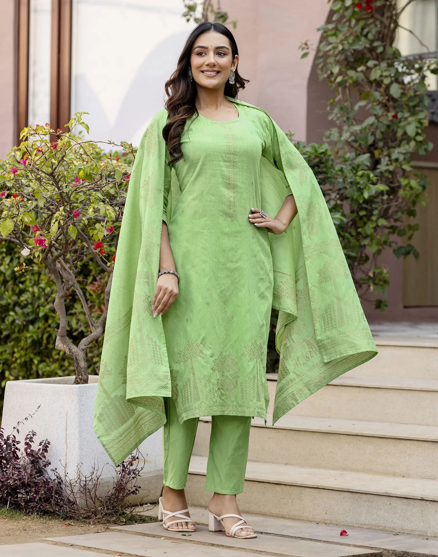 Lime Green Round Neck Weaving Straight 3 Piece Kurta Set with Dupatta - Cotton Woven
