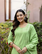 Lime Green Round Neck Weaving Straight 3 Piece Kurta Set with Dupatta - Cotton Woven