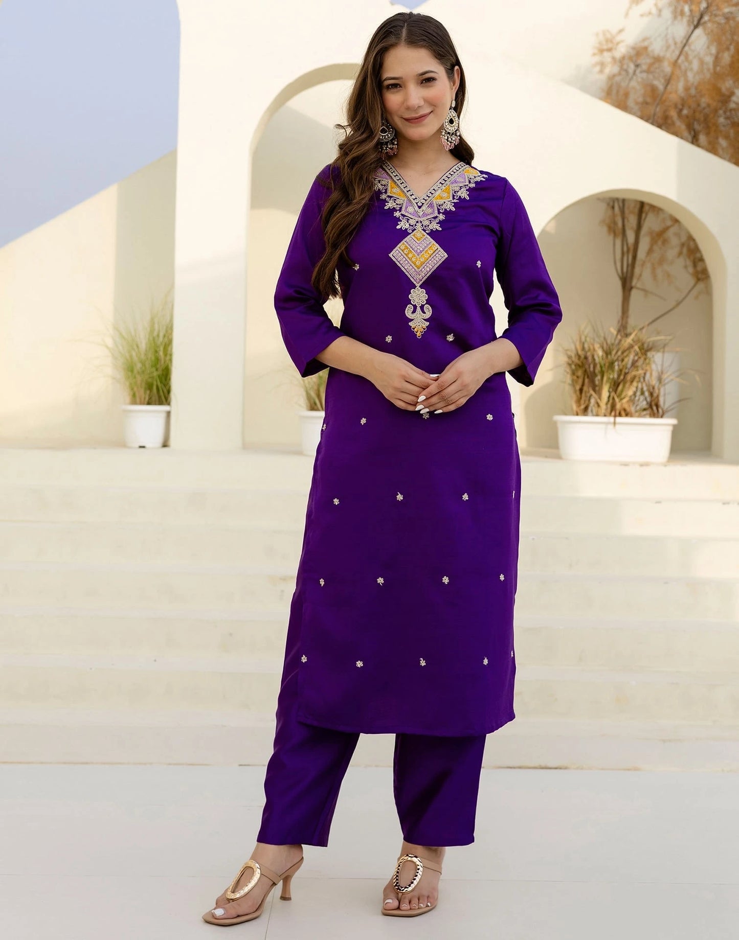 Affordable Purple Silk Embroidered Straight Kurta Set under 1299
