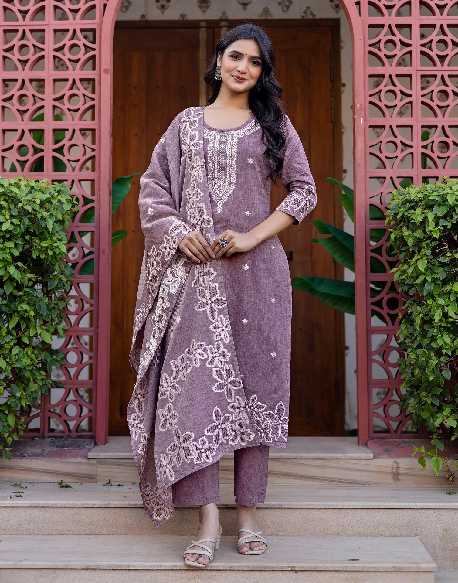 Skylee Cotton Woven Straight 3 Piece Kurta Set For Woman