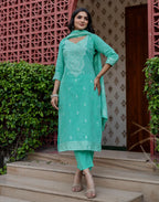 Skylee Cotton Woven Straight 3 Piece Kurta Set For Woman