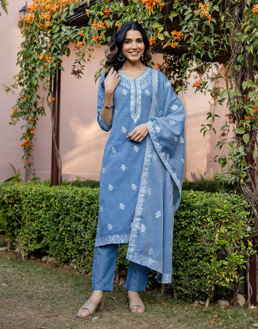 Denim Blue V-Neck Weaving Straight 3 Piece Kurta Set With Dupatta