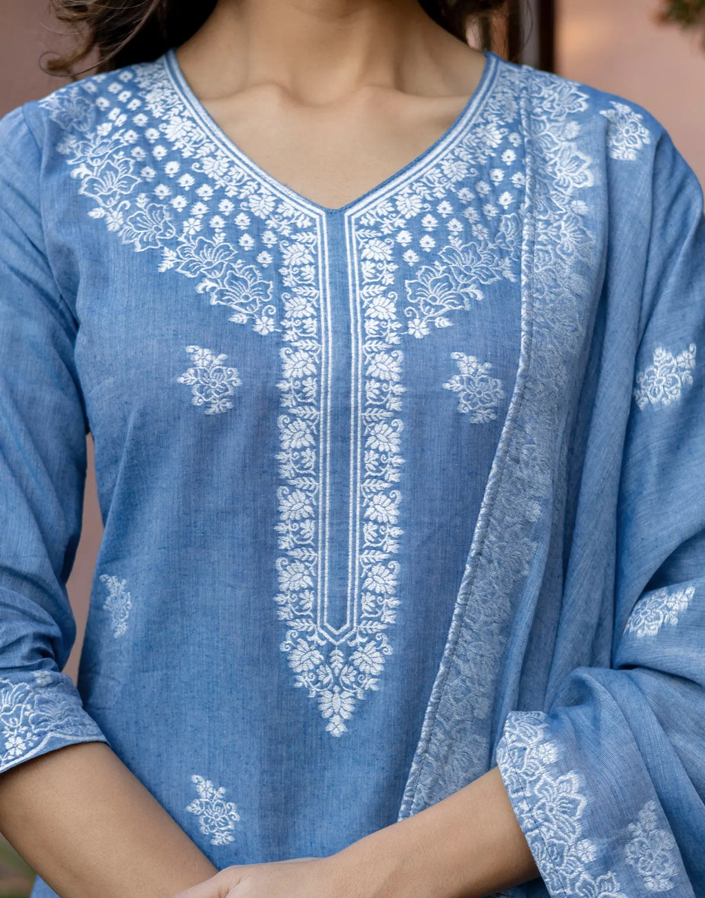 Denim Blue V-Neck Weaving Straight 3 Piece Kurta Set with Dupatta