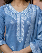 Denim Blue V-Neck Weaving Straight 3 Piece Kurta Set with Dupatta