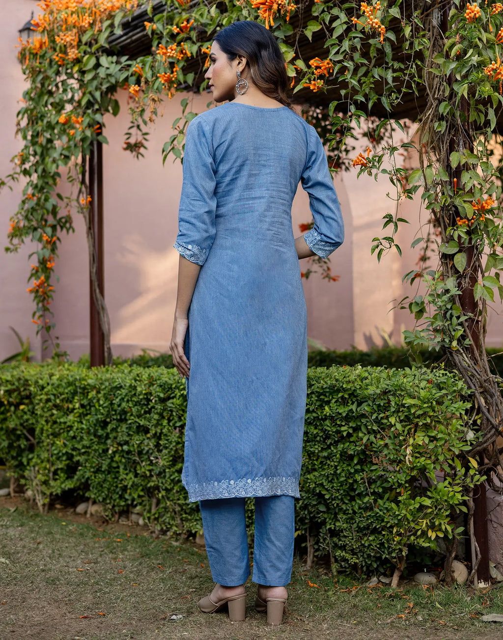 Denim Blue V-Neck Weaving Straight 3 Piece Kurta Set with Dupatta