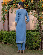 Denim Blue V-Neck Weaving Straight 3 Piece Kurta Set with Dupatta