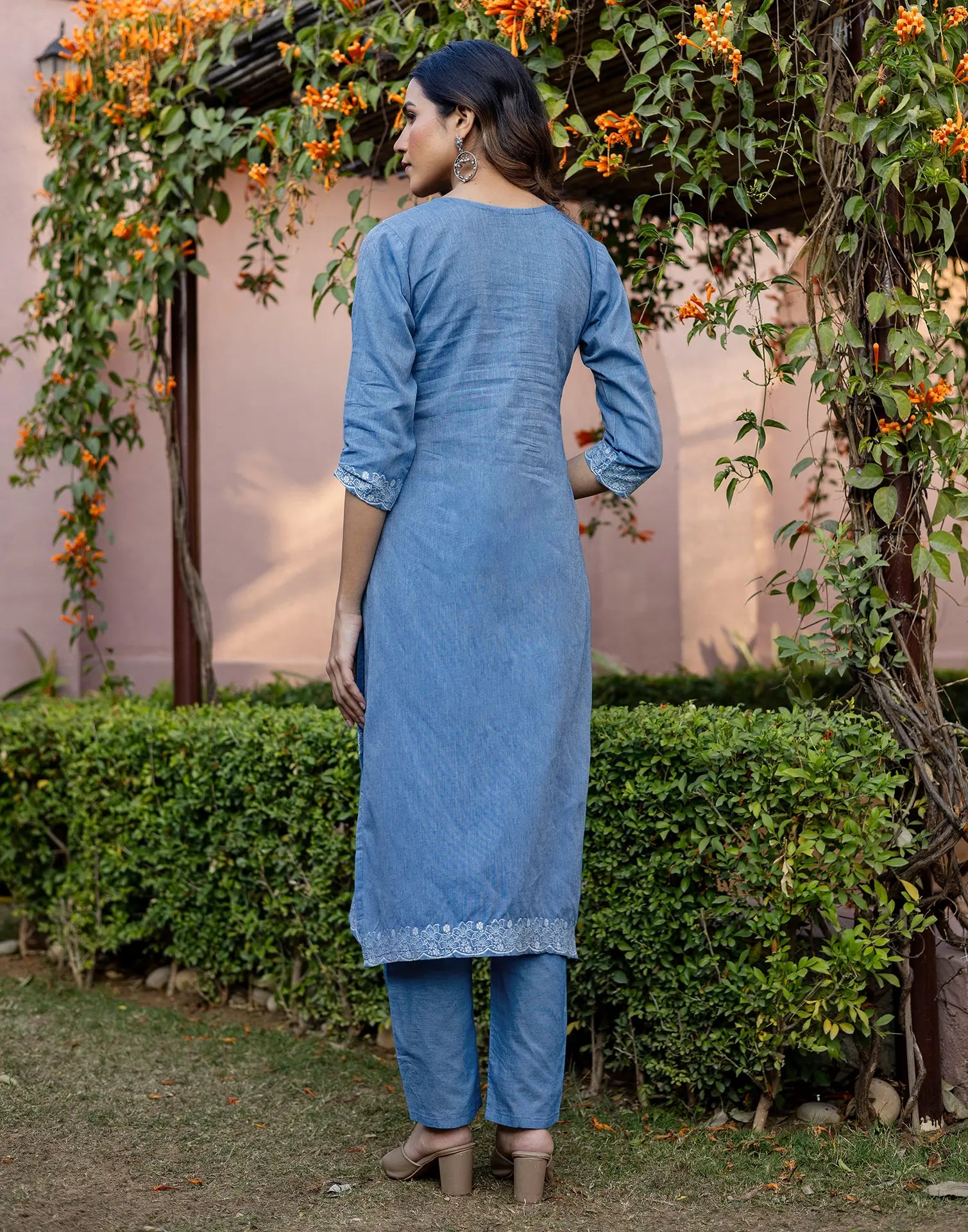 Denim Blue V-Neck Weaving Straight 3 Piece Kurta Set with Dupatta