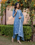 Denim Blue V-Neck Weaving Straight 3 Piece Kurta Set with Dupatta