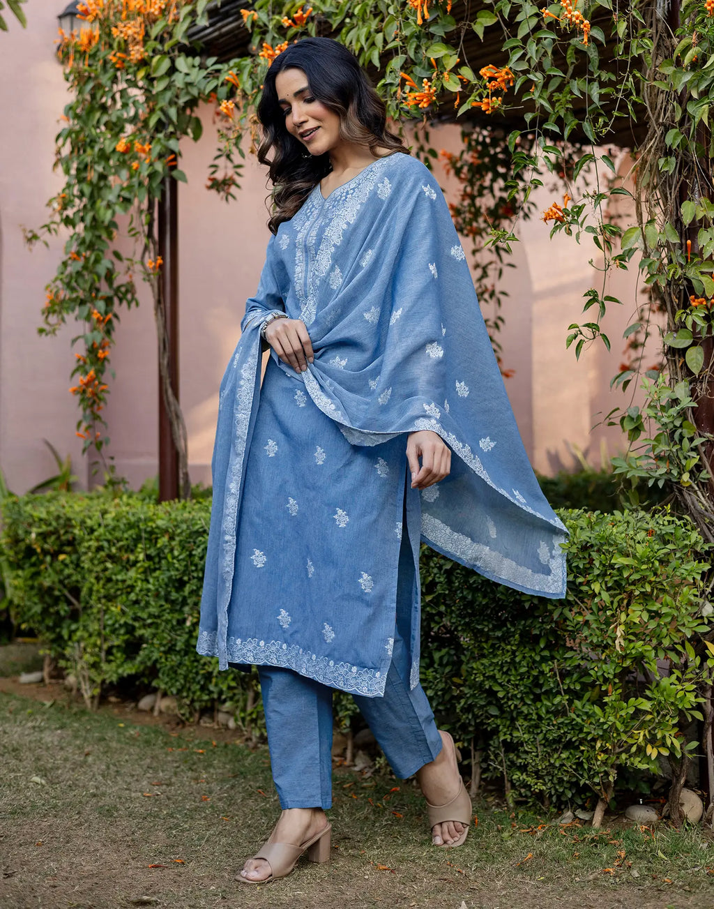 Denim Blue V-Neck Weaving Straight 3 Piece Kurta Set with Dupatta