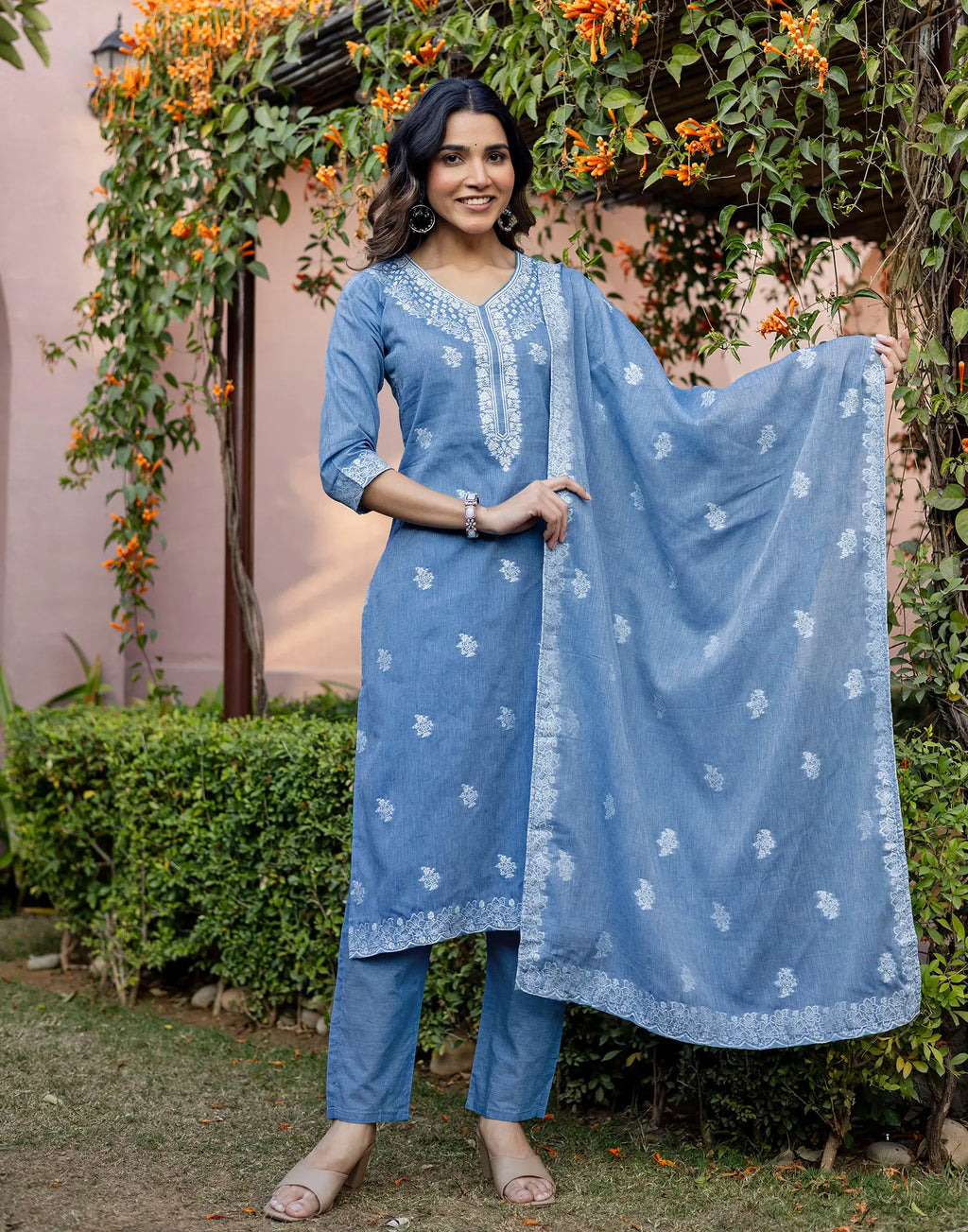 Denim Blue V-Neck Weaving Straight 3 Piece Kurta Set with Dupatta