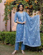 Denim Blue V-Neck Weaving Straight 3 Piece Kurta Set with Dupatta