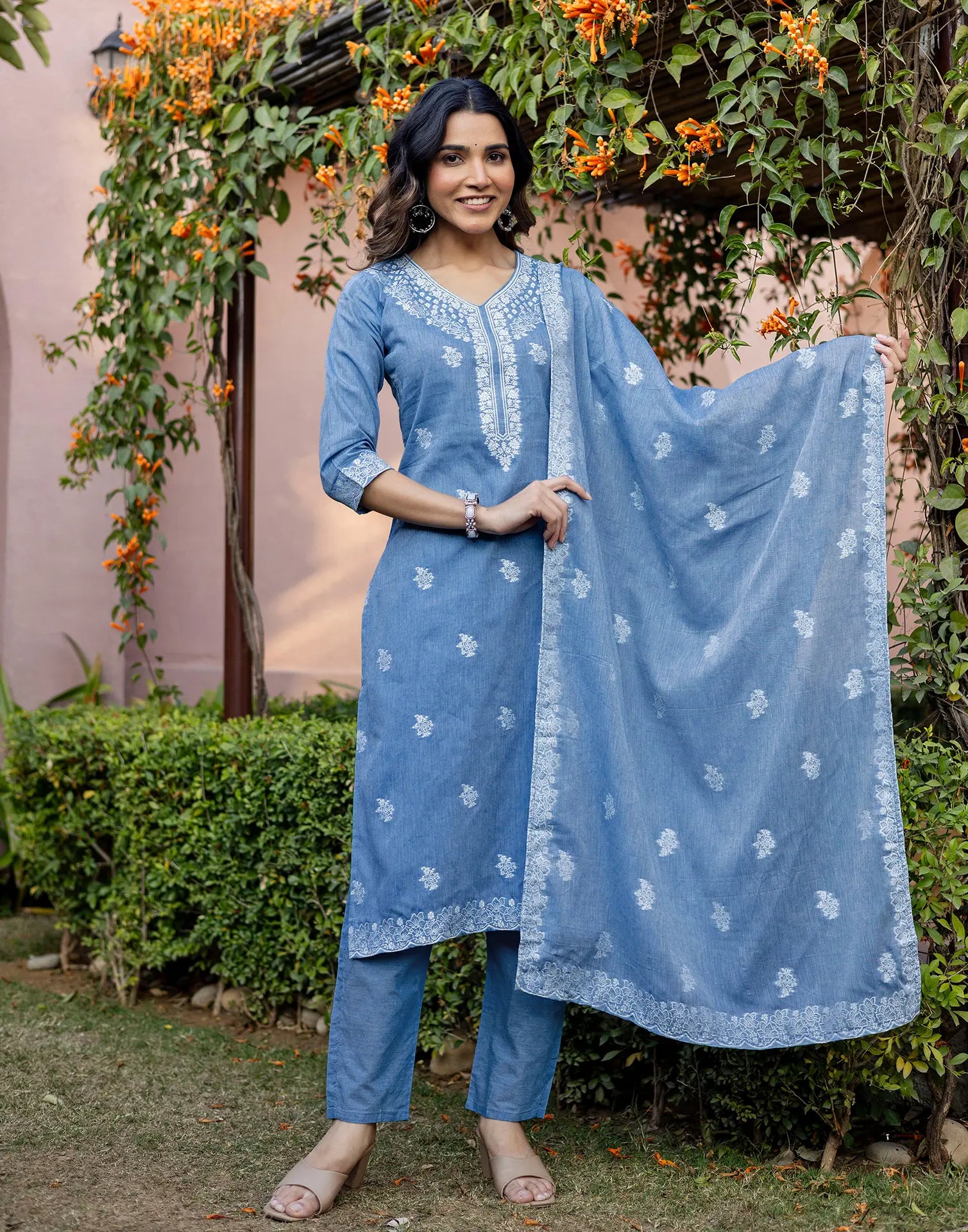 Denim Blue V-Neck Weaving Straight 3 Piece Kurta Set with Dupatta