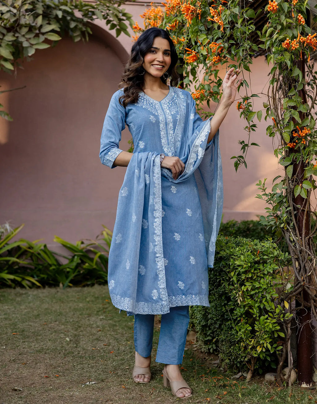 Denim Blue V-Neck Weaving Straight 3 Piece Kurta Set with Dupatta