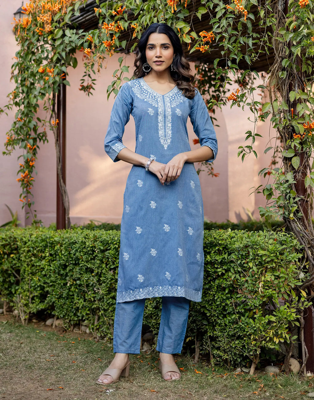 Denim Blue V-Neck Weaving Straight 3 Piece Kurta Set with Dupatta
