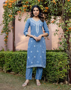 Denim Blue V-Neck Weaving Straight 3 Piece Kurta Set with Dupatta