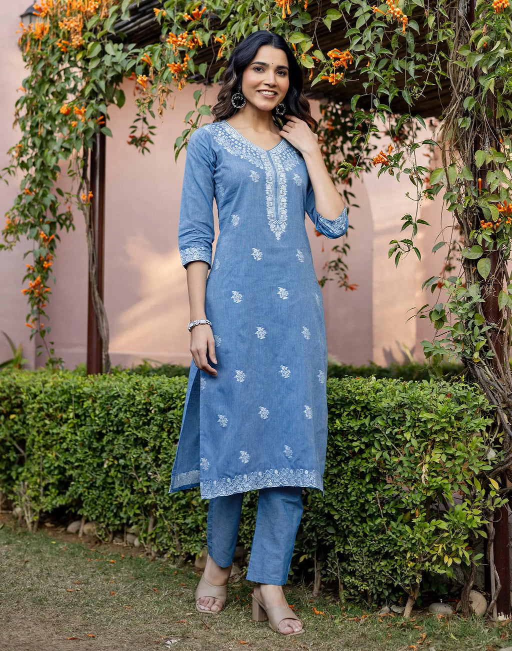 Denim Blue V-Neck Weaving Straight 3 Piece Kurta Set with Dupatta