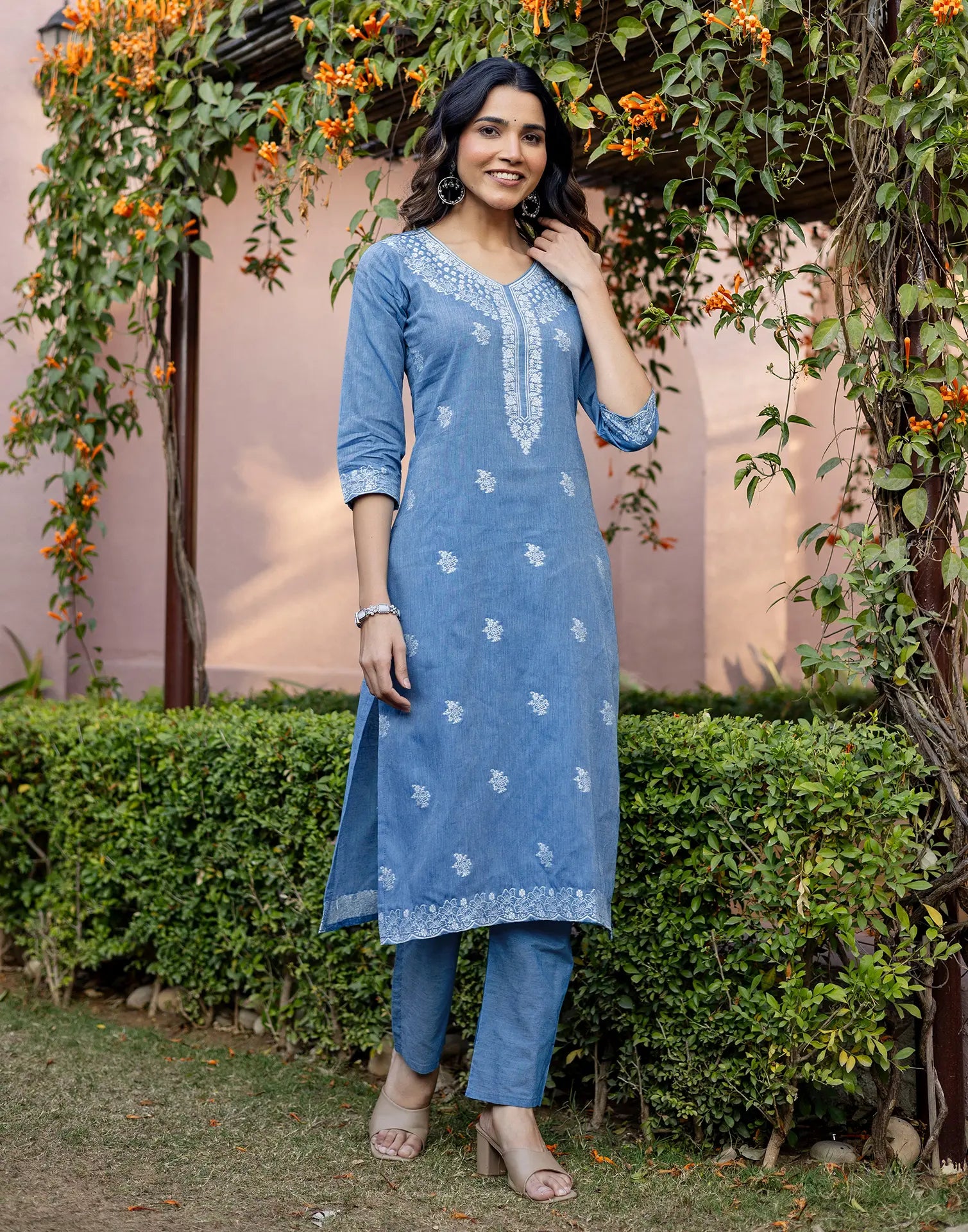 Denim Blue V-Neck Weaving Straight 3 Piece Kurta Set with Dupatta
