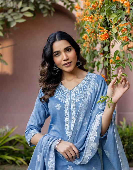 Denim Blue V-Neck Weaving Straight 3 Piece Kurta Set With Dupatta