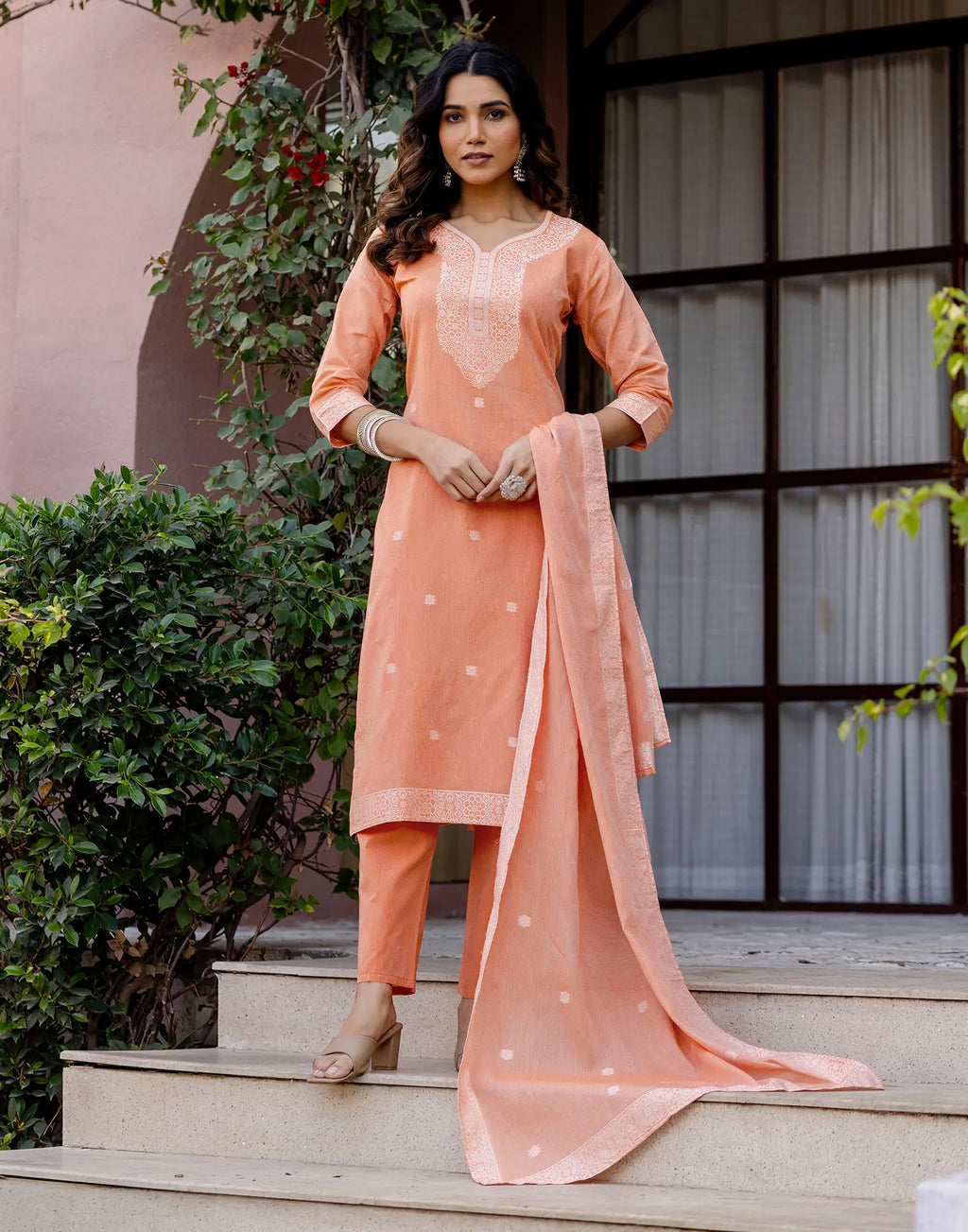 Skylee Cotton Woven Straight 3 Piece Kurta Set For Woman