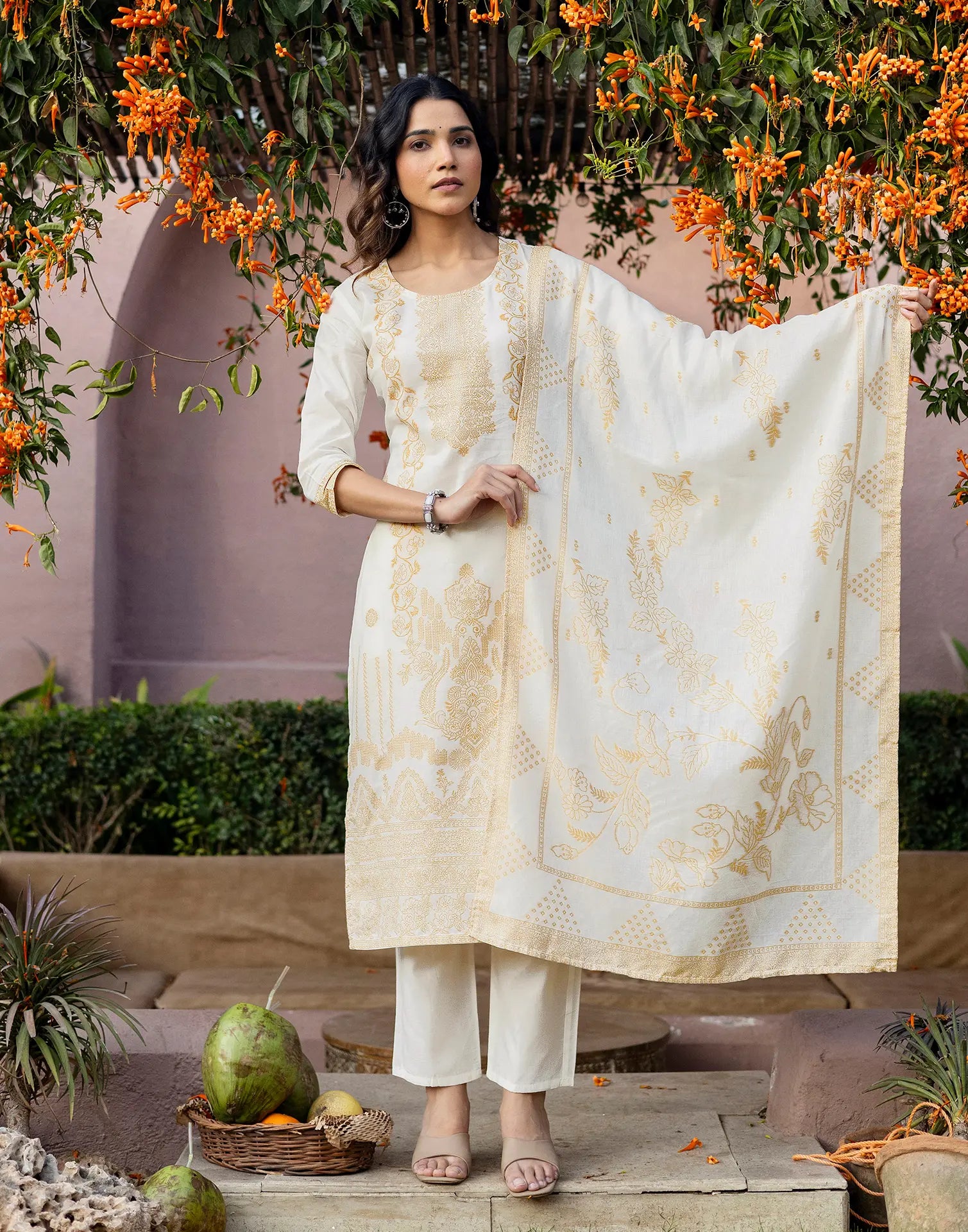 Skylee Cotton Woven Straight 3 Piece Kurta Set For Woman