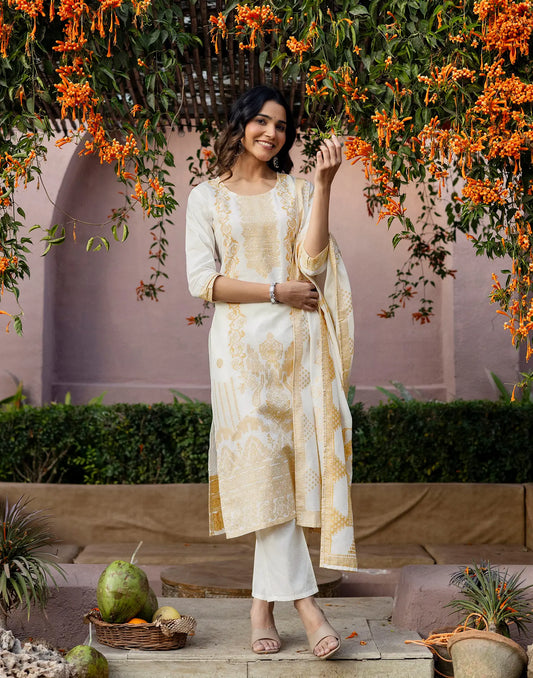 Cotton Woven Straight 3 Piece Kurta Set