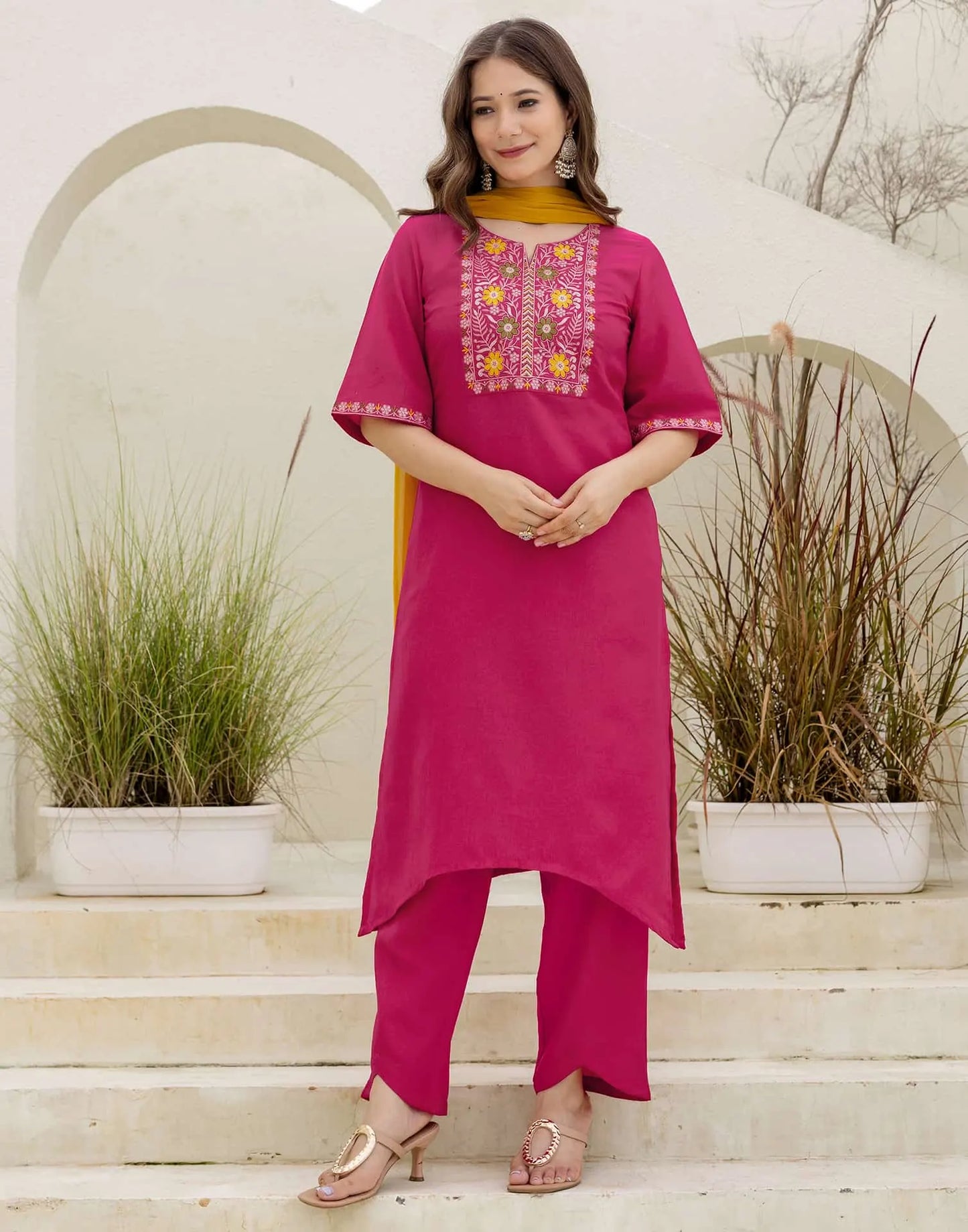 Chinnon Straight Embroidery V-Neck Kurta with Pant & Dupatta