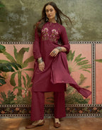 Sangria Red Mandarin Collar Embroidered Straight 3 Piece Kurta Set with Dupatta