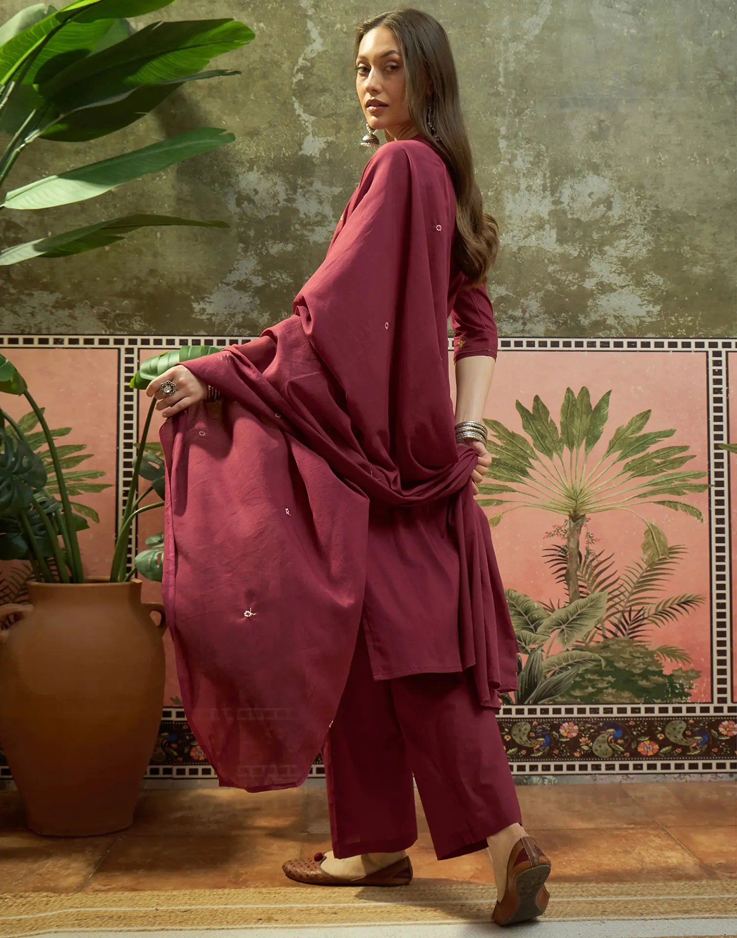 Sangria Red Mandarin Collar Embroidered Straight 3 Piece Kurta Set with Dupatta
