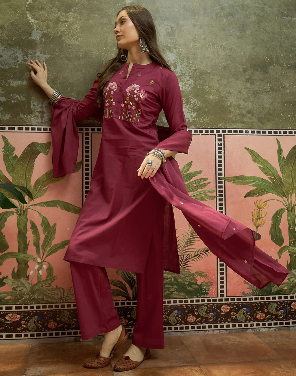 Sangria Red Mandarin Collar Embroidered Straight 3 Piece Kurta Set with Dupatta