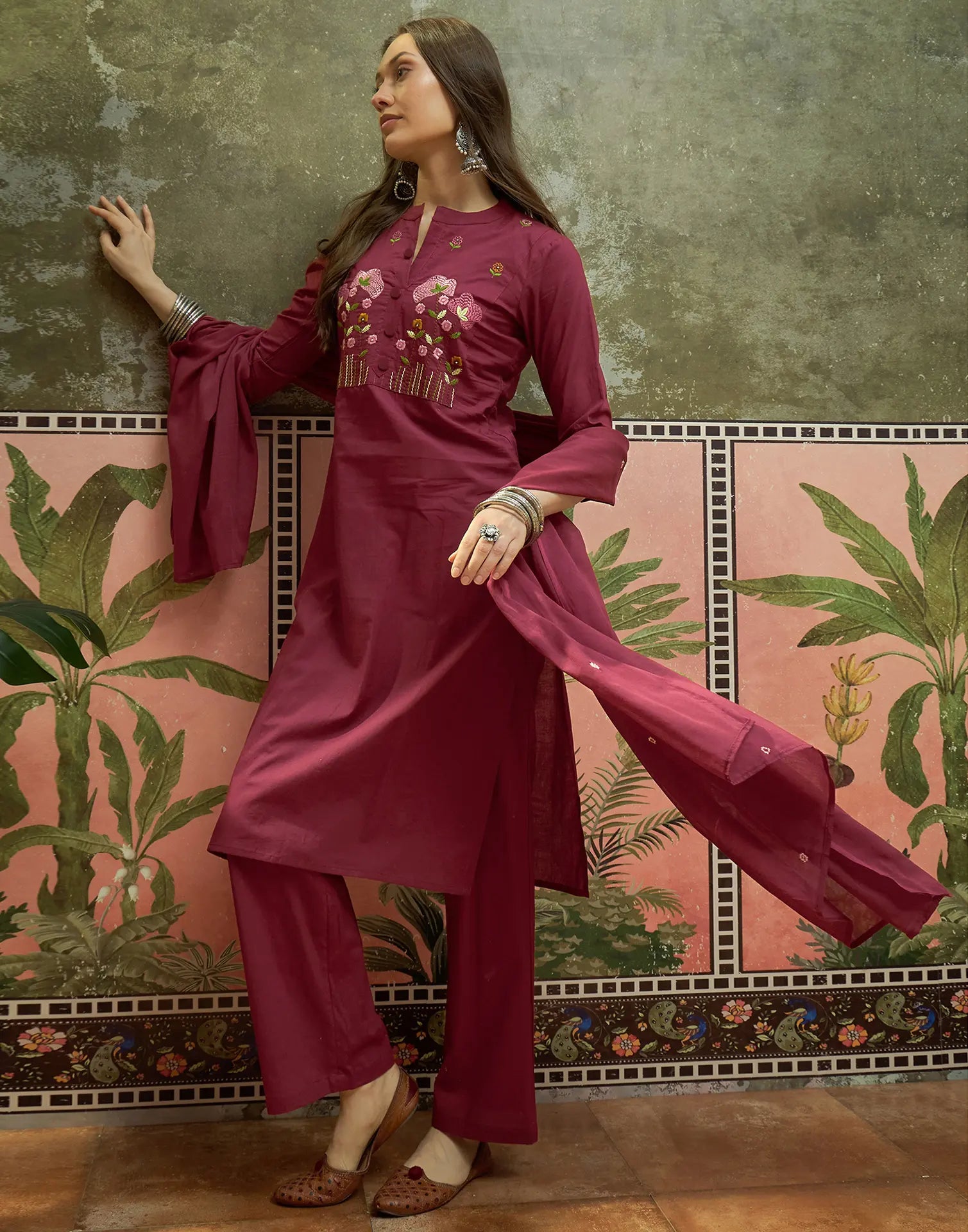 Sangria Red Mandarin Collar Embroidered Straight 3 Piece Kurta Set with Dupatta