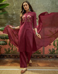 Sangria Red Mandarin Collar Embroidered Straight 3 Piece Kurta Set with Dupatta