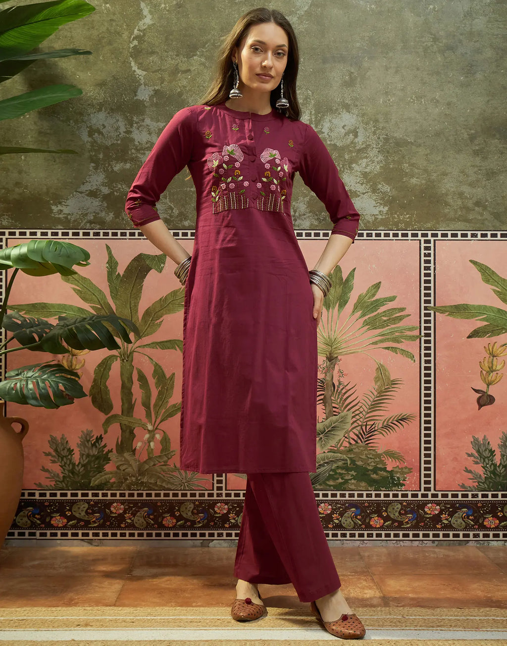 Sangria Red Mandarin Collar Embroidered Straight 3 Piece Kurta Set with Dupatta