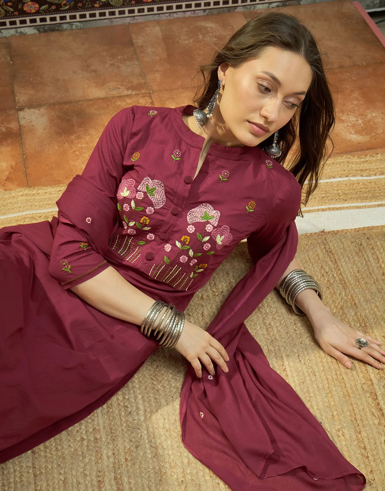 Sangria Red Mandarin Collar Embroidered Straight 3 Piece Kurta Set with Dupatta