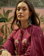 Sangria Red Mandarin Collar Embroidered Straight 3 Piece Kurta Set with Dupatta
