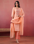 Malibu Peach Notched Neck Embroidered Printed Straight 3 Piece Kurta Set with Dupatta